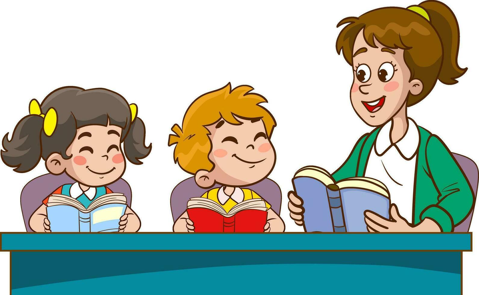 happy cute kids and teacher school vector. teacher and cute students doing lesson together at table. vector