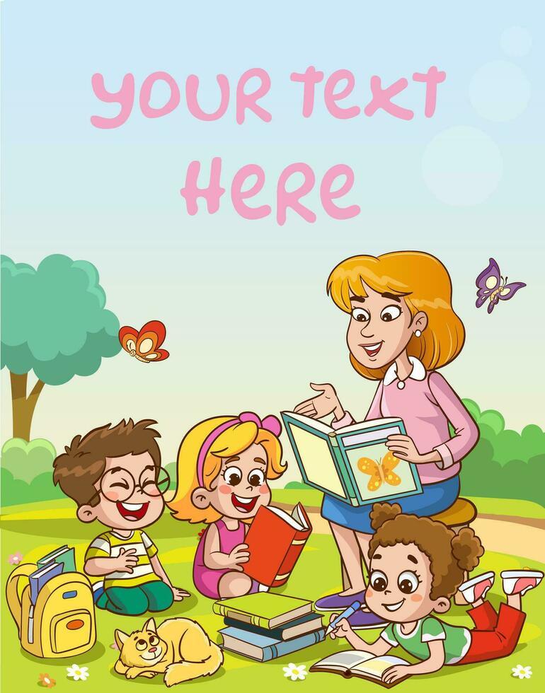 Teacher reading books to children.Children and teacher in the park vector illustration