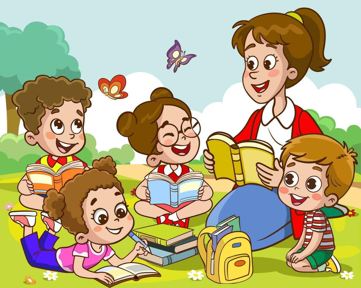 profesor leyendo libros a niños.niños y profesor en el parque vector ilustración