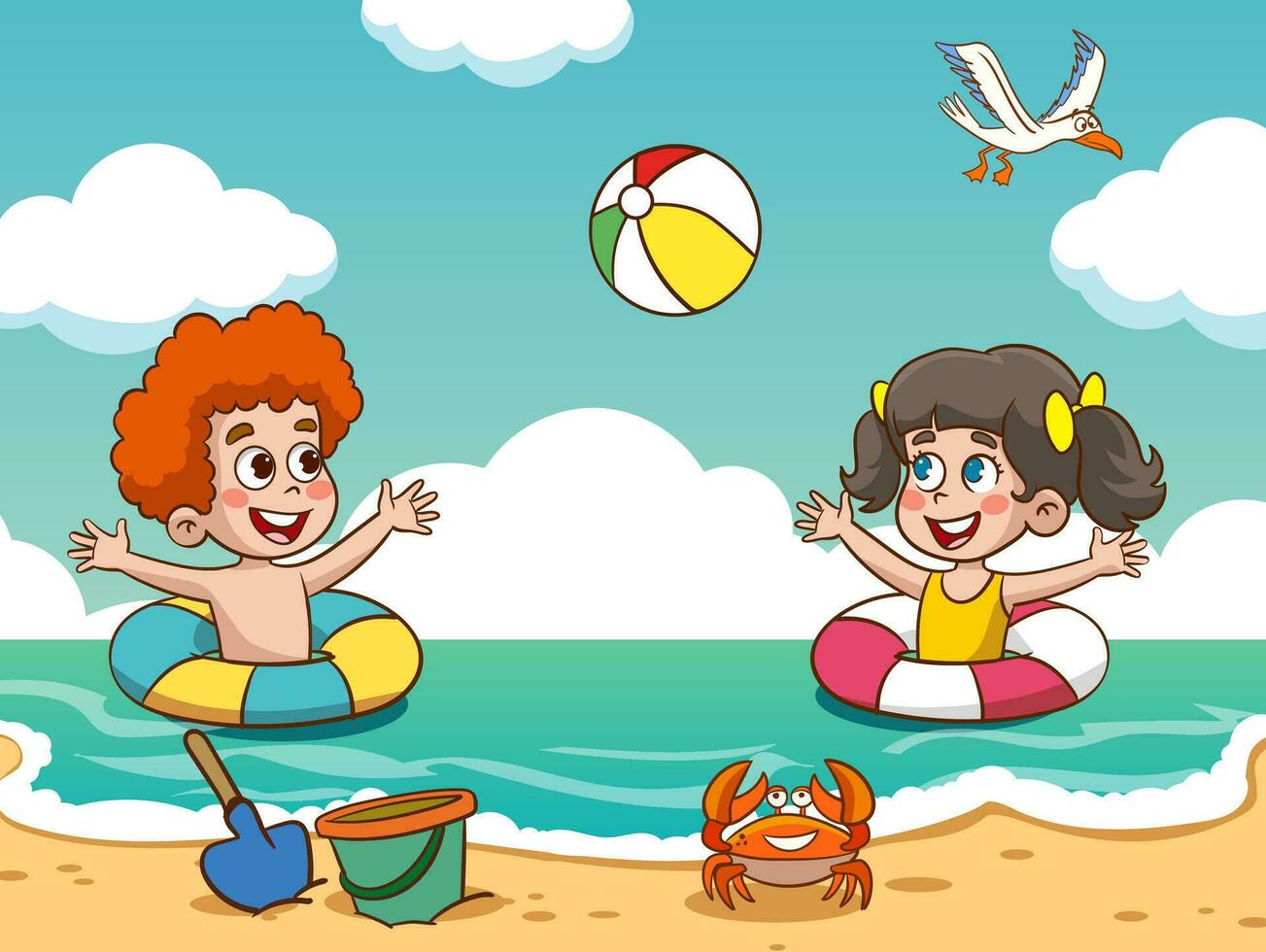 linda niños teniendo divertido en el mar vector