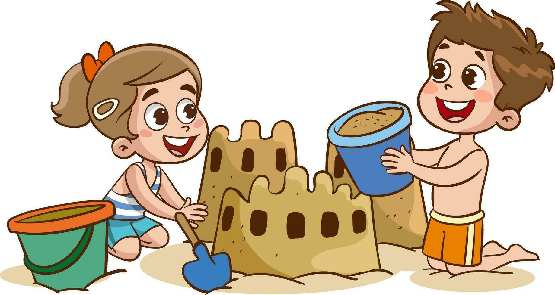 Children making sand castle at the beach vector