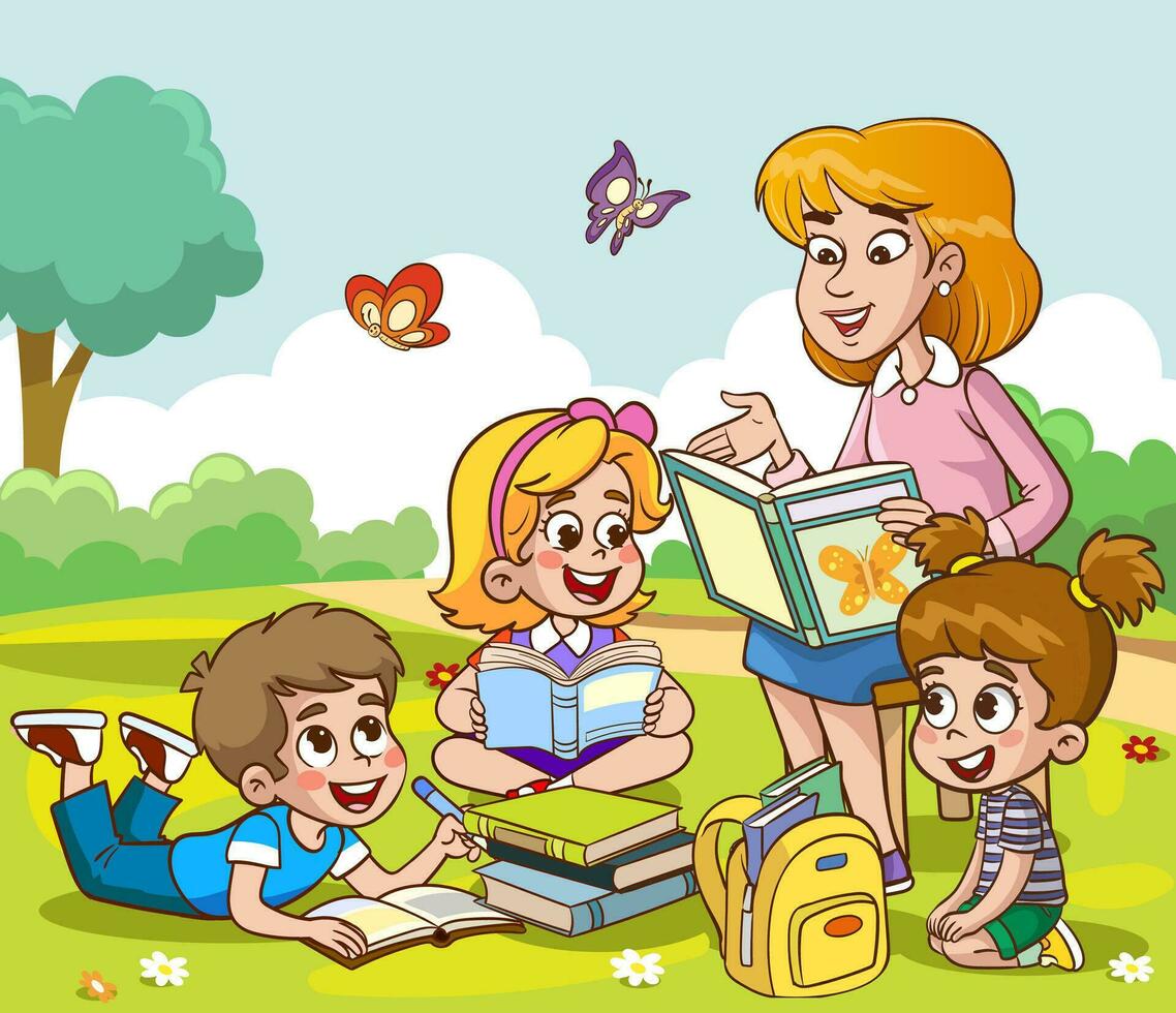 profesor leyendo libros a niños.niños y profesor en el parque vector ilustración