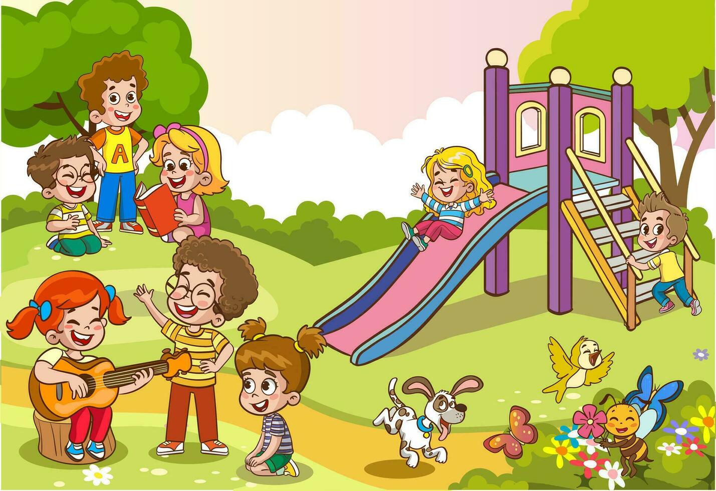 Group children playing, spending time in games, having fun, fooling around. Summer activities. Children in park,summer camp.teacher,Mum reading book to children. vector