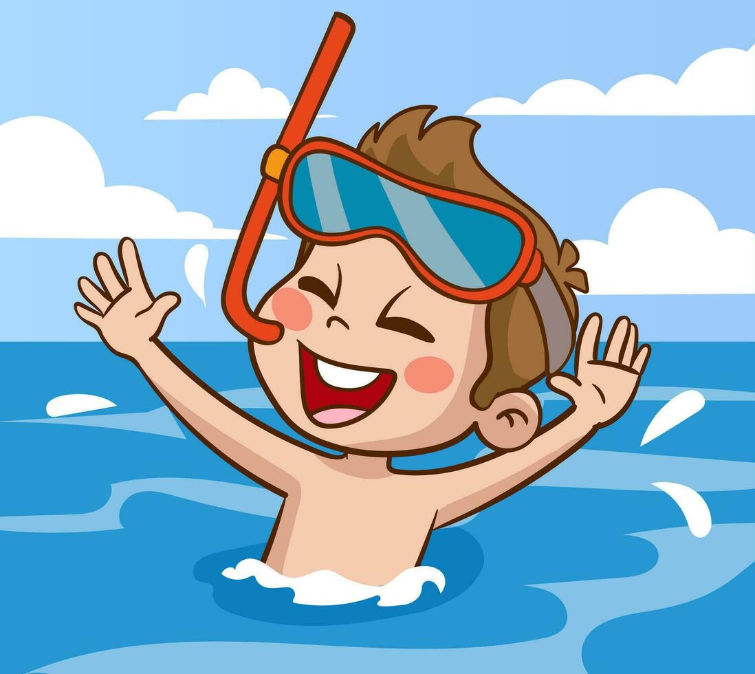 cute kids having fun in the sea vector