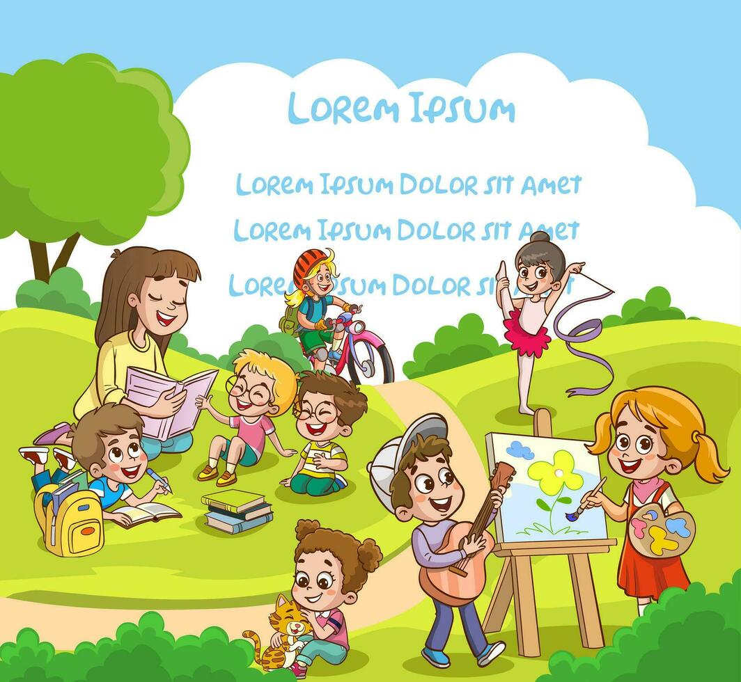 Group children playing, spending time in games, having fun, fooling around. Summer activities. Children in park,summer camp.teacher,Mum reading book to children. vector