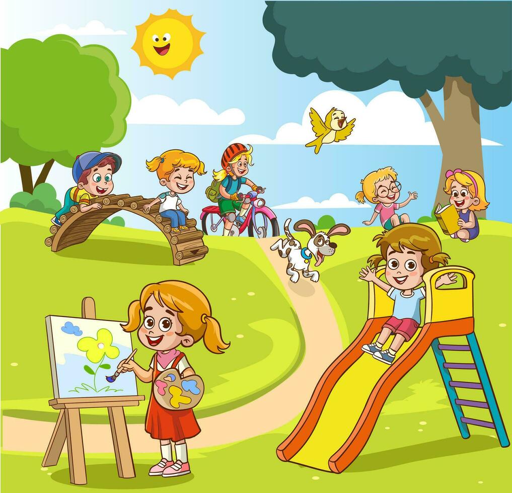 grupo niños jugando, gasto hora en juegos, teniendo divertido, engañando alrededor. verano actividades. niños en parque, verano camp.teacher,mamá leyendo libro a niños. vector