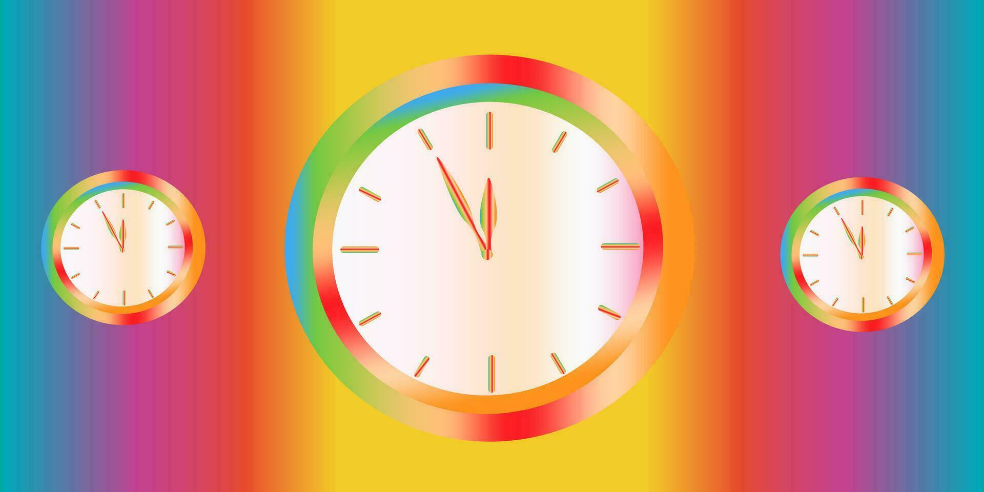 Vector clock background on bright rainbow gradient background. Happy time. EPS10