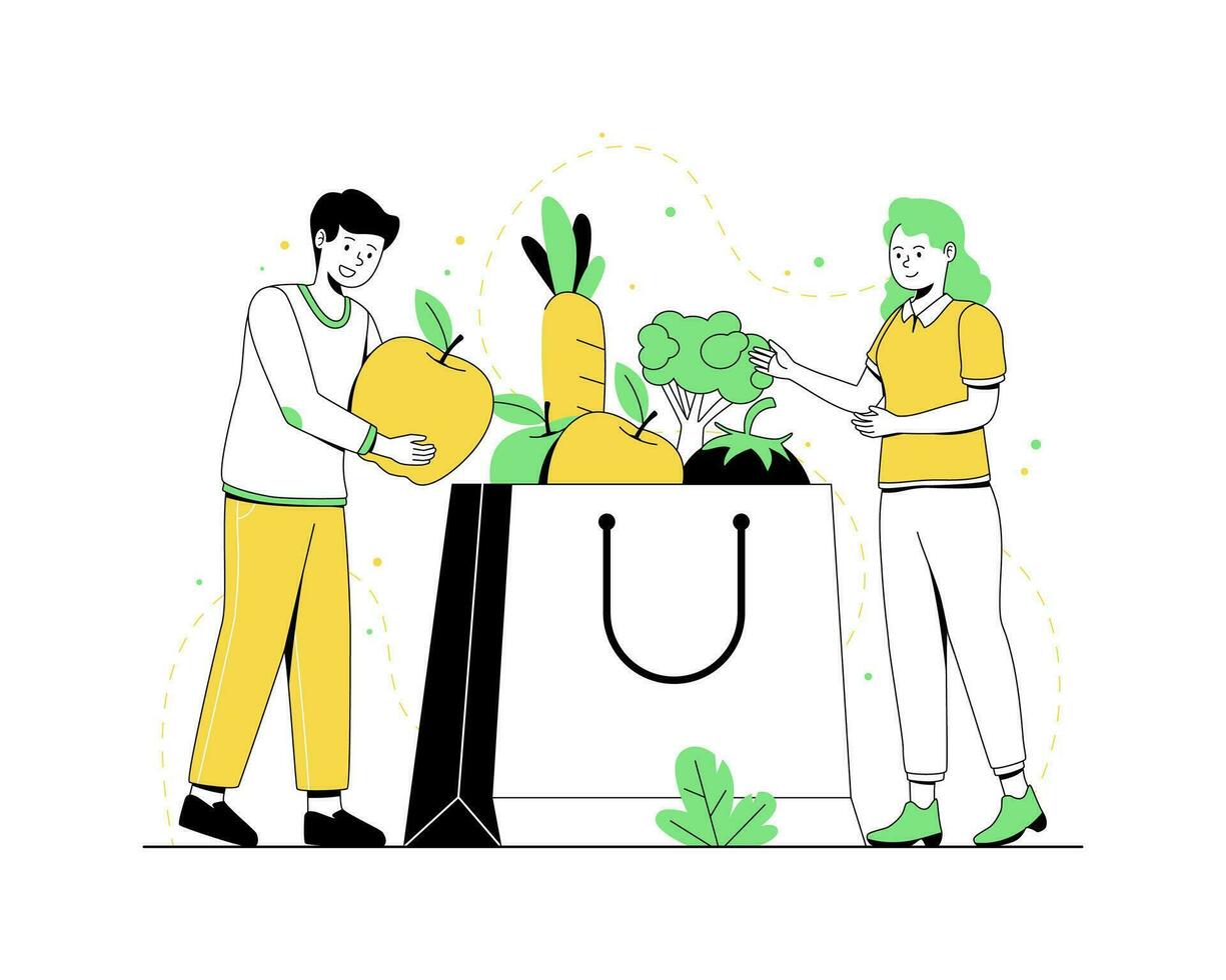 tienda de comestibles vegetales en un papel bolsa. personas compras tienda de comestibles vector concepto ilustración