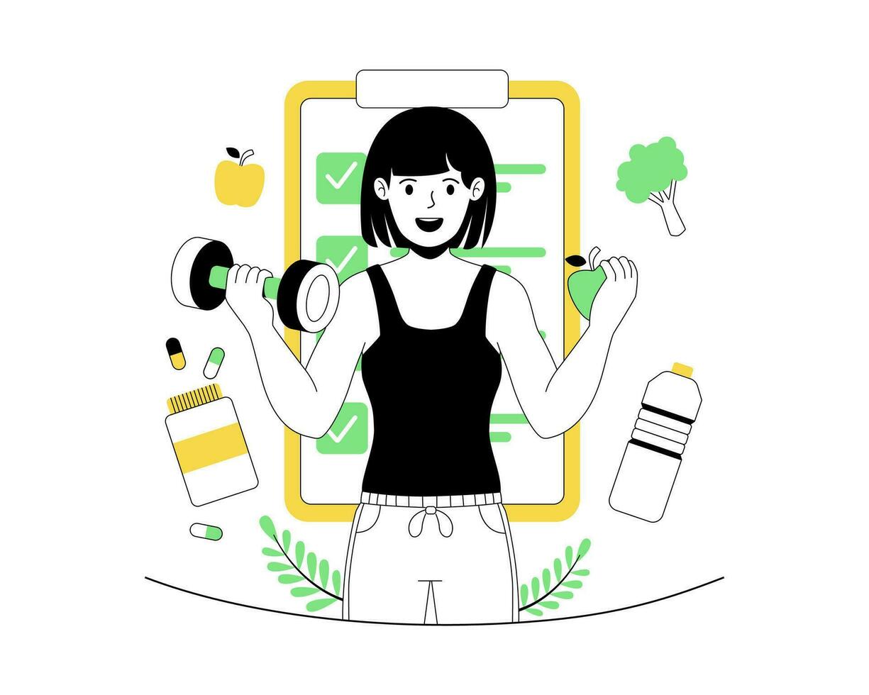 Women exercising and planning diet with fruits and vegetables vector