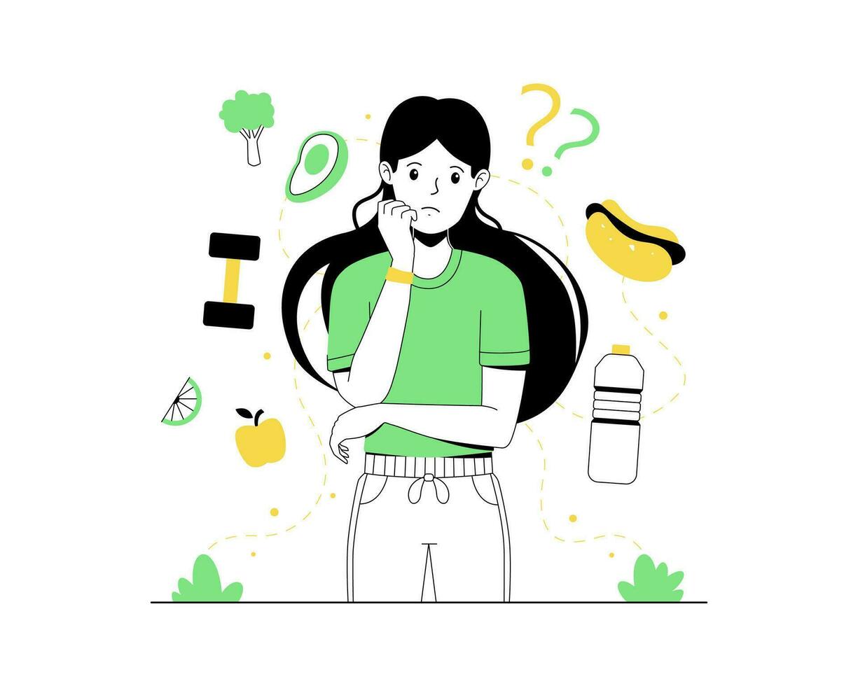 Woman choosing between healthy and unhealthy food concept vector illustration