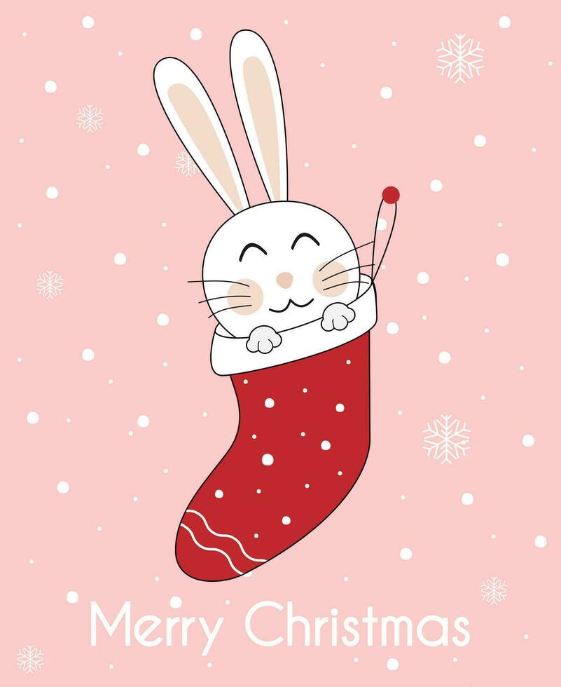 Greeting Christmas card with kawaii bunny. Cute white rabbit In a sock. Inscription Merry Christmas and Happy New Year. vector