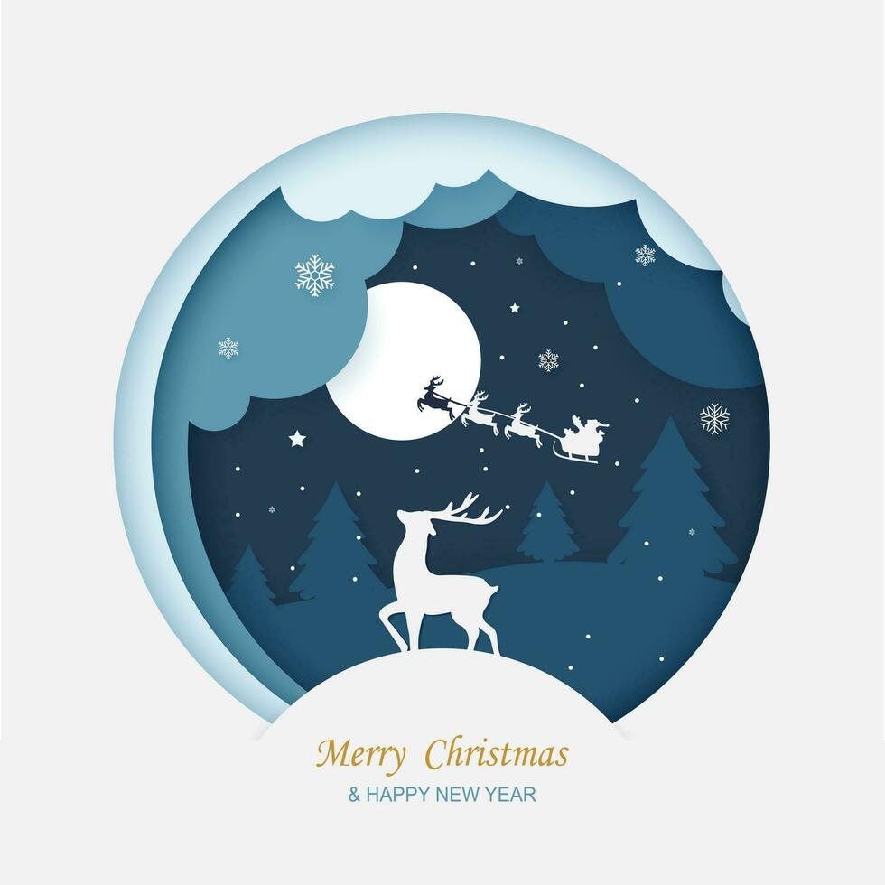 Merry Christmas greeting card in paper cut style. Vector