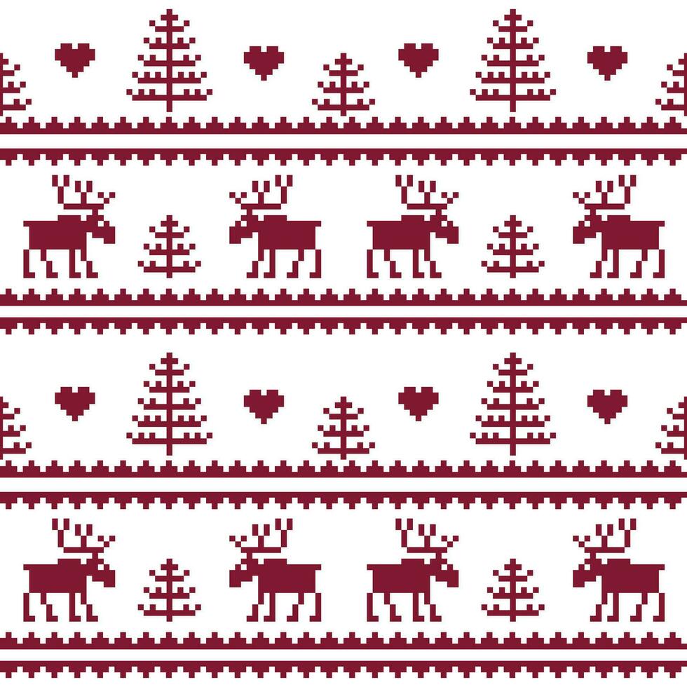 Stock vector. Seamless fabric.Merry Christmas and happy New year. Elk. Tree. Pixels. White and red color. Background, gift wrapping, design, pattern ornament background website vector