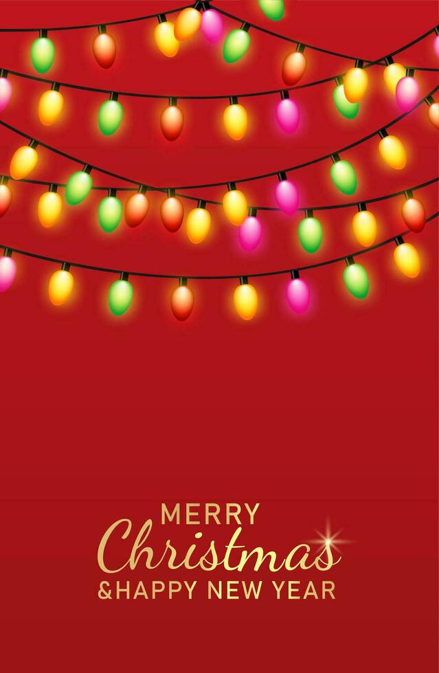 Christmas red background with decoration round ring from glass light garland. Merry Christmas Greeting card. Happy new year. Xmas Holiday poster. vector illustration