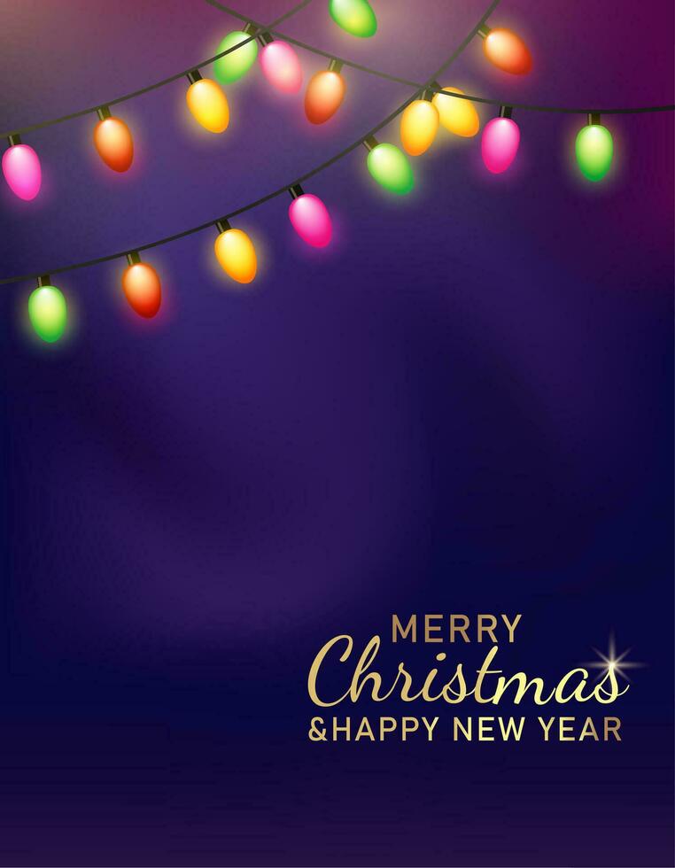 Christmas violet background with decoration round ring from glass light garland. Merry Christmas Greeting card. Happy new year. Festive bright design. Xmas Holiday poster. vector