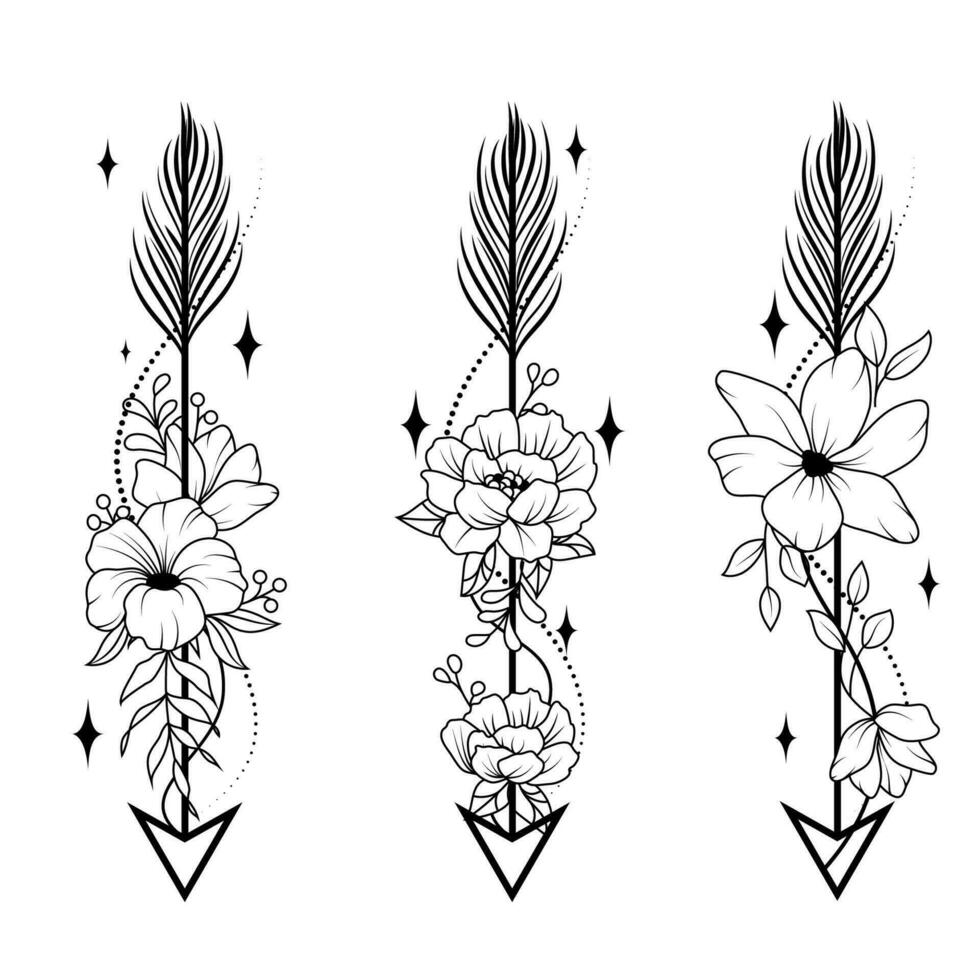 Set of arrows with flowers, branches with leaves, feather arrow, simple doodle drawing, gravure style. Tattoo all over the body. Coloring book. vector
