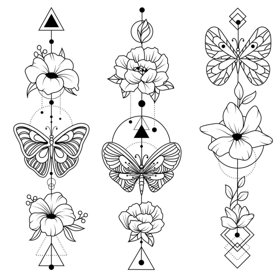 Set of arrows with flowers, branches with leaves, feather arrow, simple doodle drawing, gravure style. Butterfly flutters. Tattoo all over the body. Coloring book. vector