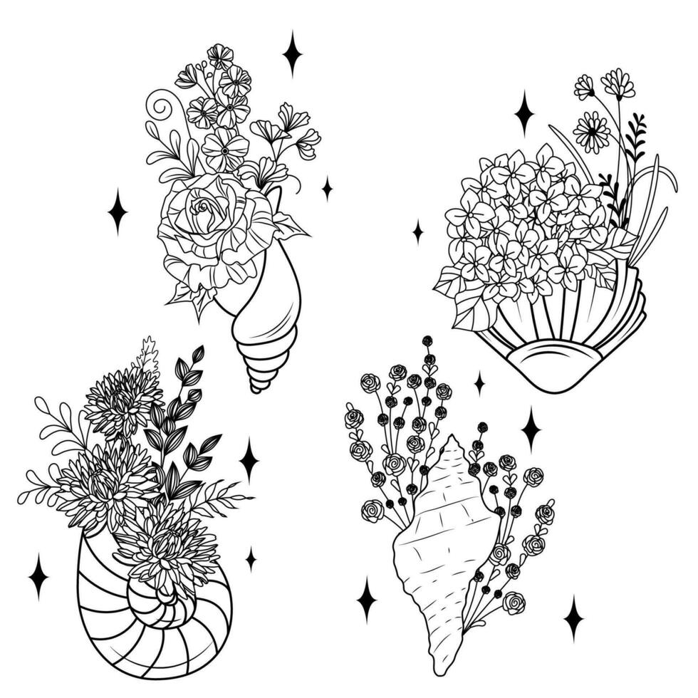 Set of flower shells. Collection of seashells with floral wreath. Beach. Summer shell. Vector design illustration for print. Drawing for children. Tattoo on the body.