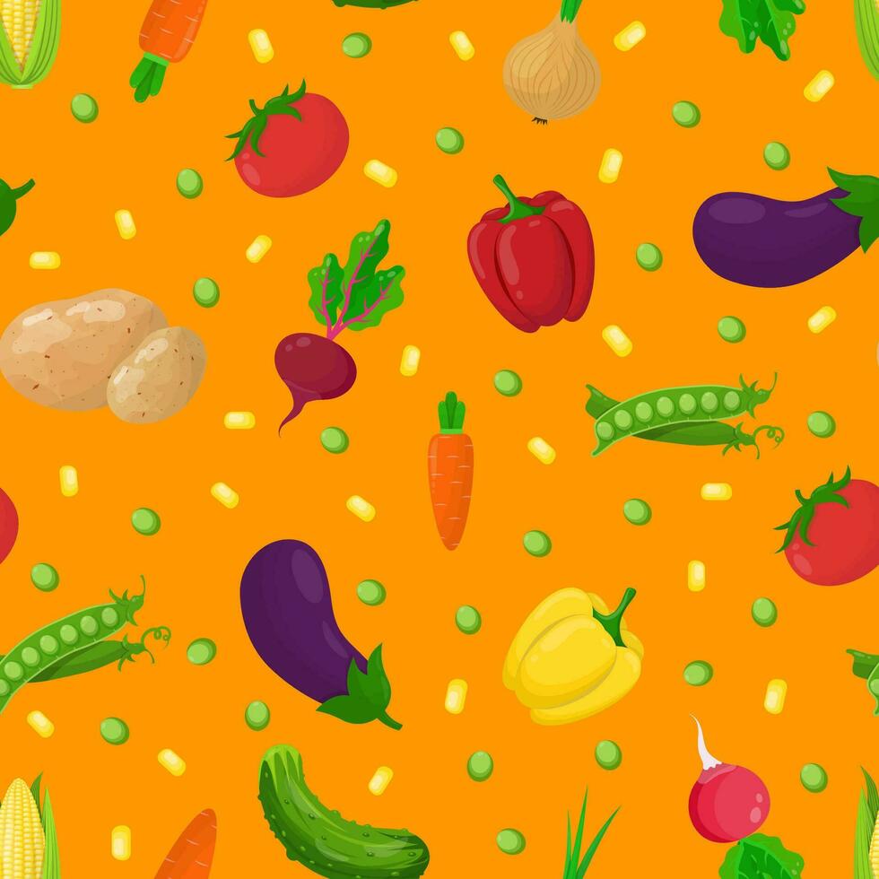 sin costura modelo con vegetales en un naranja antecedentes. un conjunto de vegetales - rábano, papa, pepino, pimienta, cebolla, guisantes, raíz de remolacha, tomate, zanahoria. vector