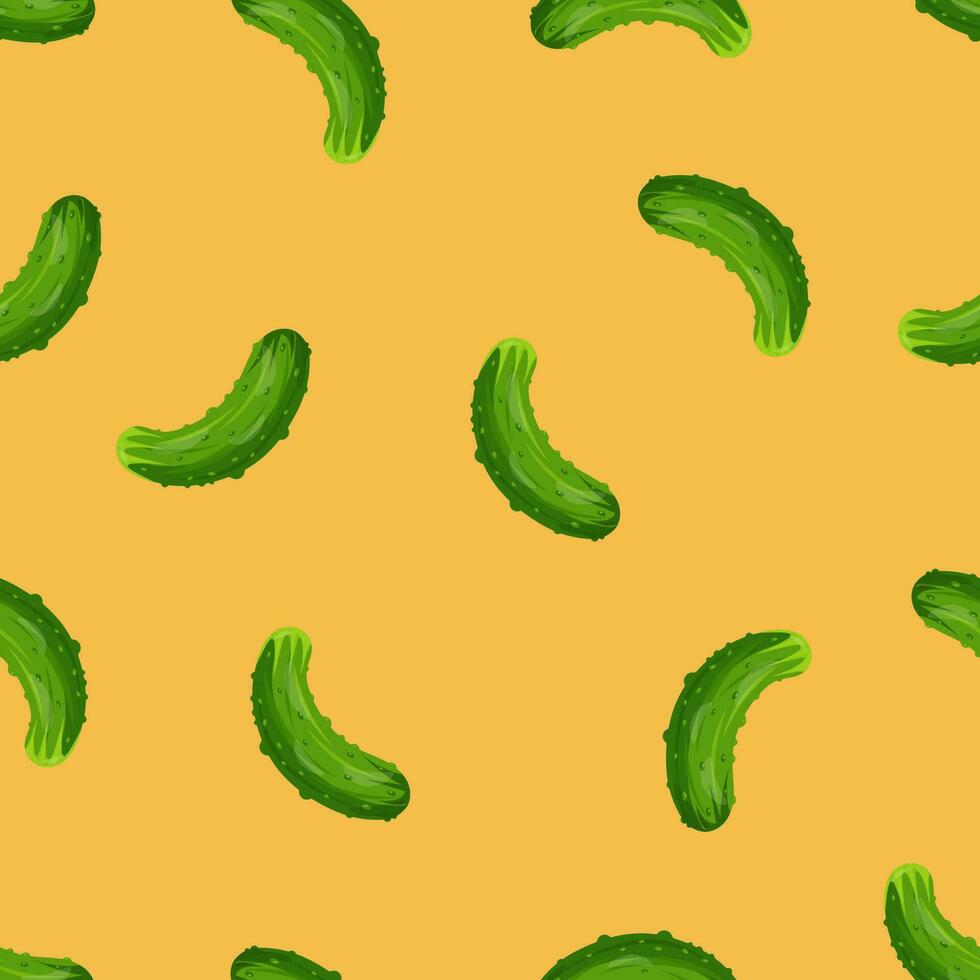 Seamless pattern with a green cucumber on an orange background. Pattern with vegetables vector