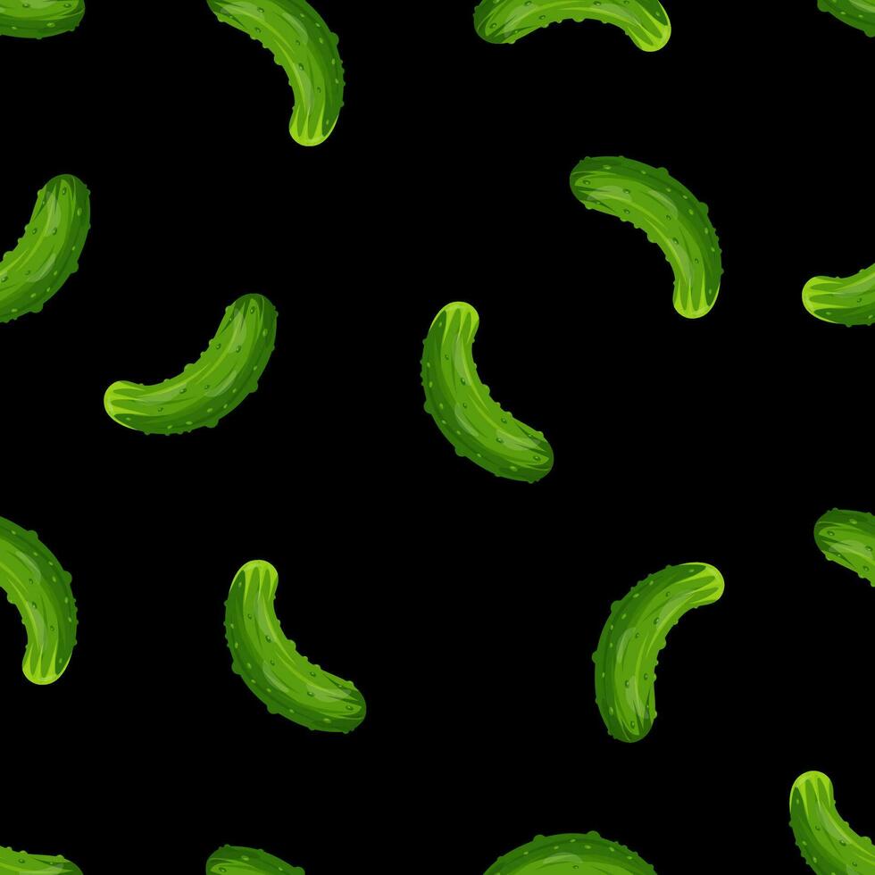 Seamless pattern with a green cucumber on a black background. Pattern with vegetables vector