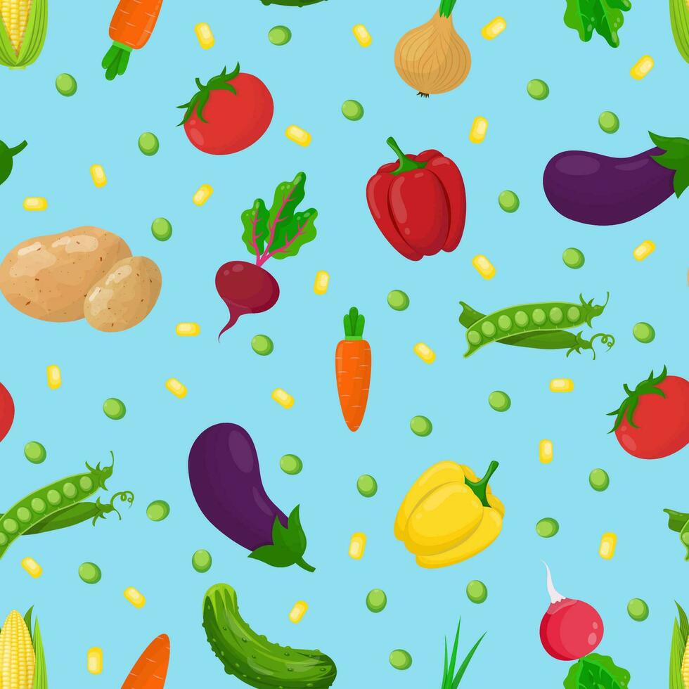 Seamless pattern with vegetables on a blue background. A set of vegetables - radish, potato, cucumber, pepper, onion, peas, beetroot, tomato, carrot. vector