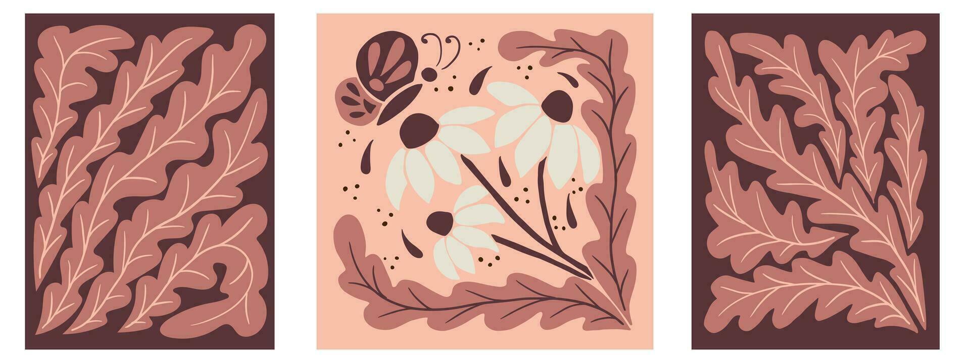 Abstarct floral groovy minimalistic compositions. Collection of vetor botanical graphic posters in flat style. Vintage trendy design Suitable for interior decoration, home design, t shirt print vector