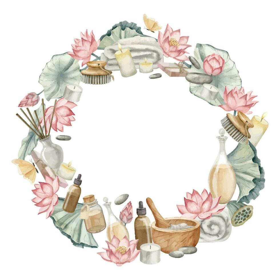 Spa Wreath with Lotus Flowers, mortar and vintage flacons. Hand drawn watercolor illustration of Frame with natural cosmetics on white isolated background. Drawing with body care products for icon vector
