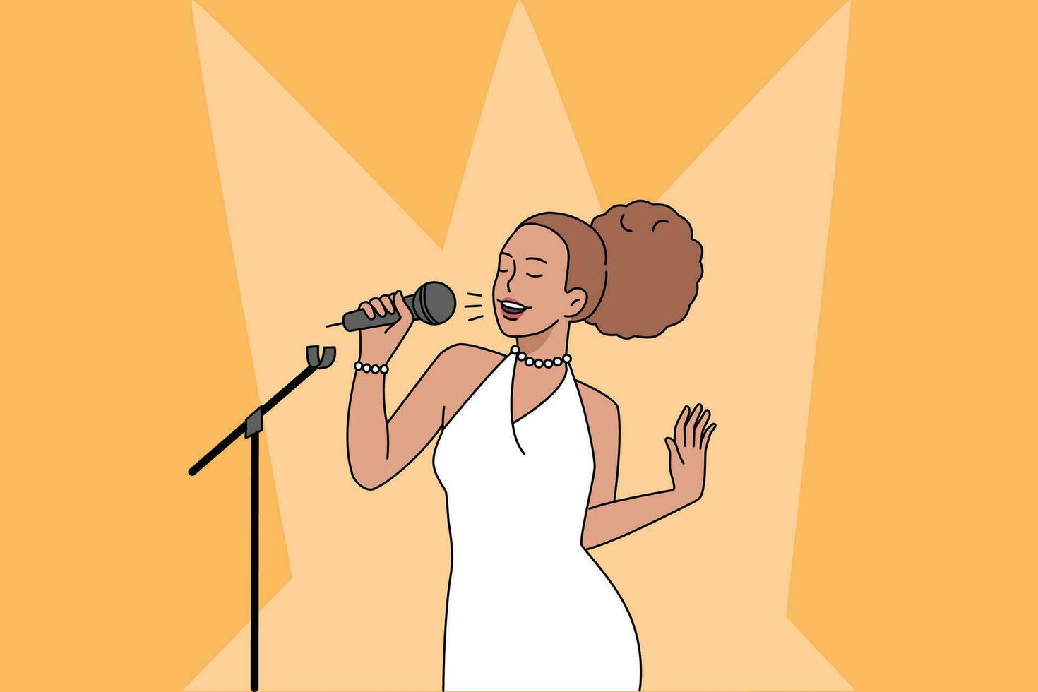 Young African American woman singing in microphone on stage. Happy biracial girl have fun sing karaoke. Entertainment and hobby concept. Vector illustration.