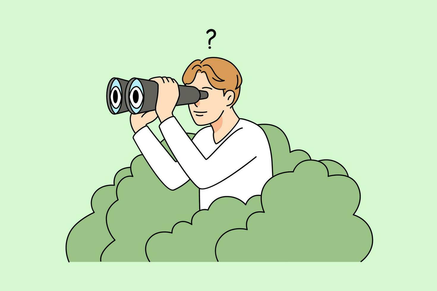 Man sitting in bush looking in binoculars. Male searching for new possibilities or opportunities. Watching perspectives concept. Vector illustration.