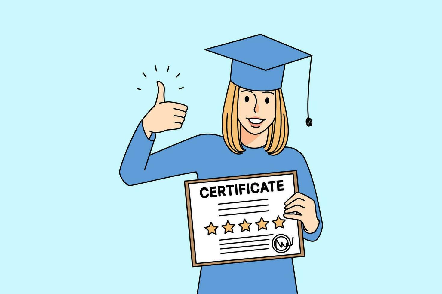 Smiling woman in mantle and hat show thumb up posing with university diploma. Happy girl in robe recommend business school or education course. Vector illustration.