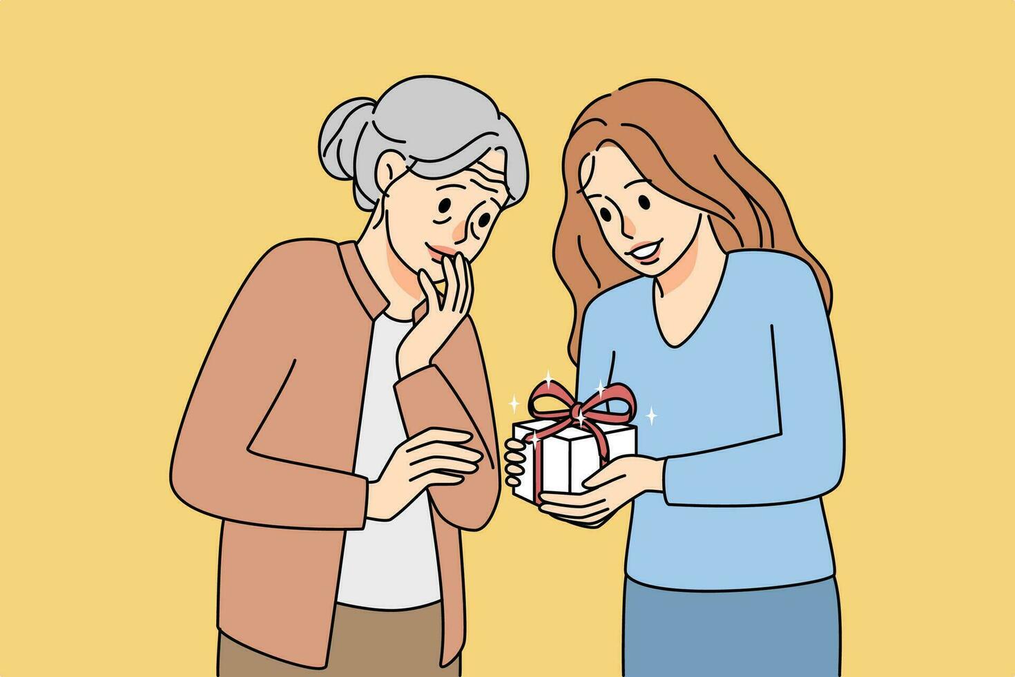 Loving adult daughter give present to elderly mother on anniversary. Caring young woman congratulate mature grandmother with birthday. Vector illustration.