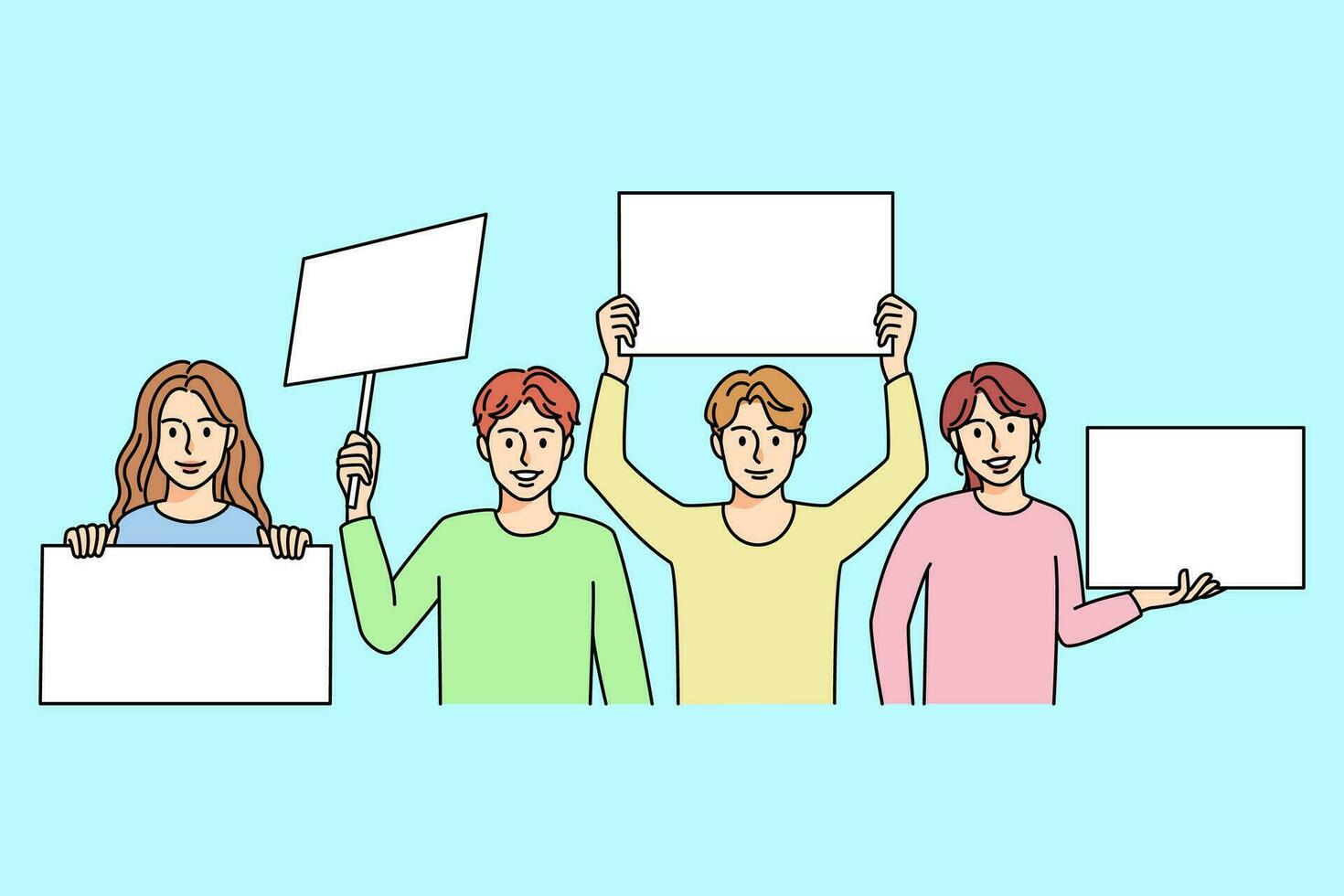 Smiling children with placards on demonstration or picket. Happy diverse kids with empty mockup banners protest together. Vector illustration.