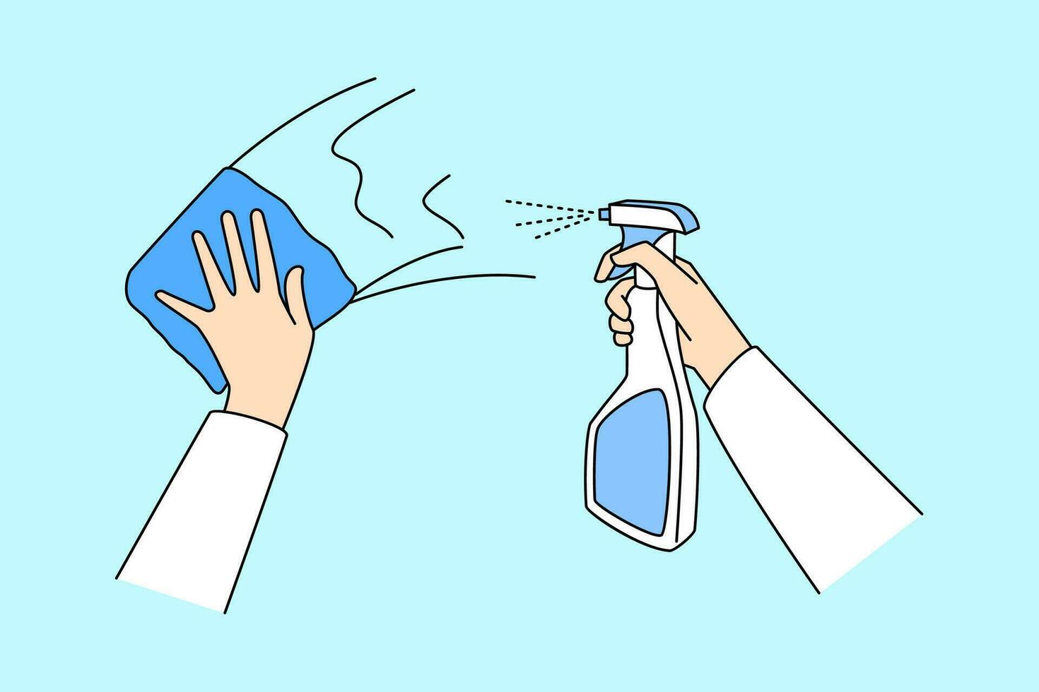 Person holding antibacterial spray and wipe cleaning surface. Housekeeper wash sanitize walls. Hygiene and housekeeping service. Vector illustration.