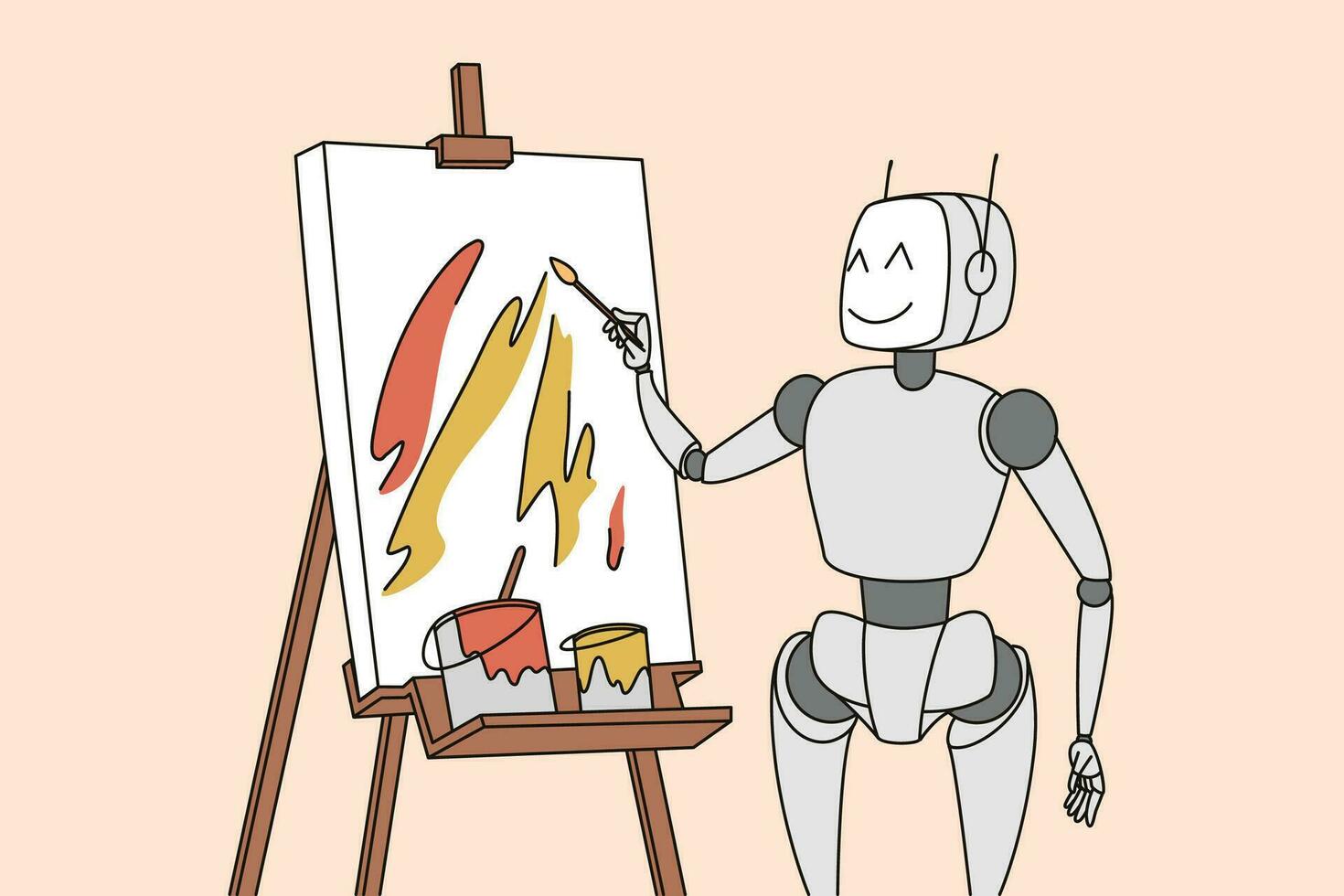 Robot painting on whiteboard. Futuristic robotic assistant writing or drawing on flipchart. New modern technologies, ai concept. Vector illustration.