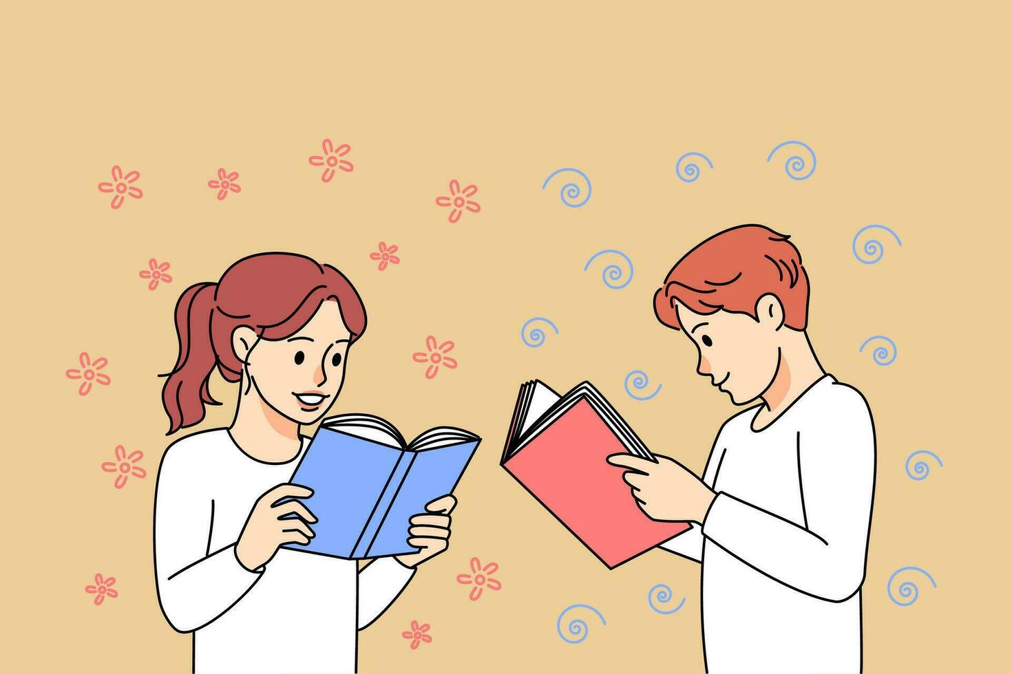 Smiling small children reading book. Happy kids enjoy literature, involved in fairytales or novels. Knowledge and intelligence. Vector illustration.
