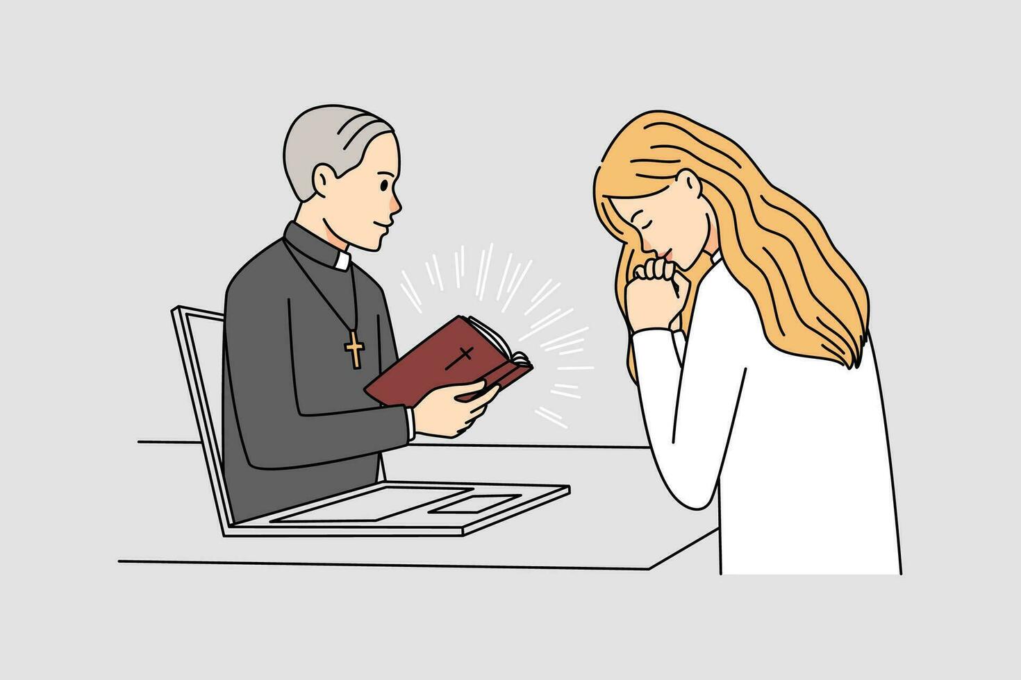 Young woman pray during online liturgy on computer. Pastor have church service on internet, female parishioner listen to worship on web on gadget. Vector illustration.