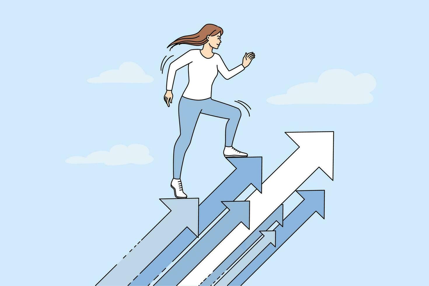 Woman standing on huge arrows showing personal or career growth. Excited motivated female ready for new opportunities and challenges. Vector illustration.