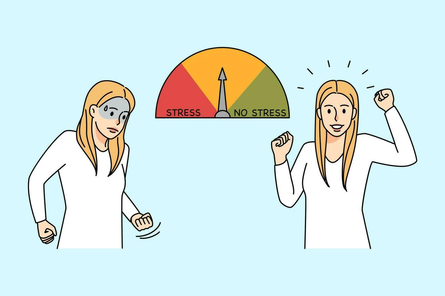 Happy and unhappy woman next to stress level scale measurement. Relaxed and distressed female suffer from burnout. Emotion control concept. Vector illustration.