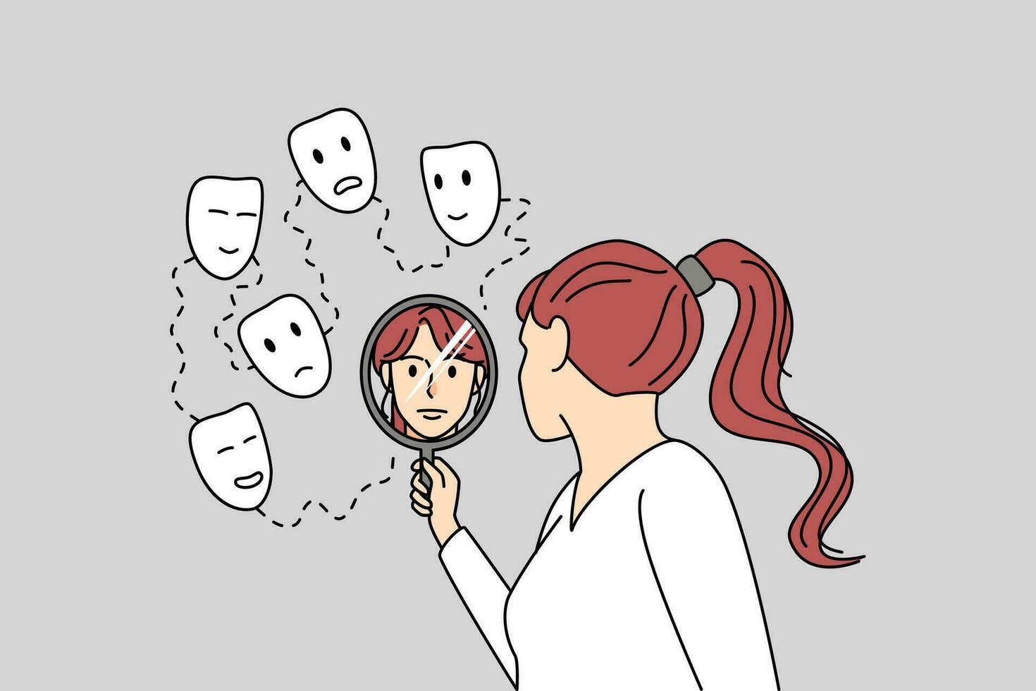 Woman look in mirror see different faces. Girl feel happy, sad and joyful. Concept of being honest with yourself. Vector illustration.