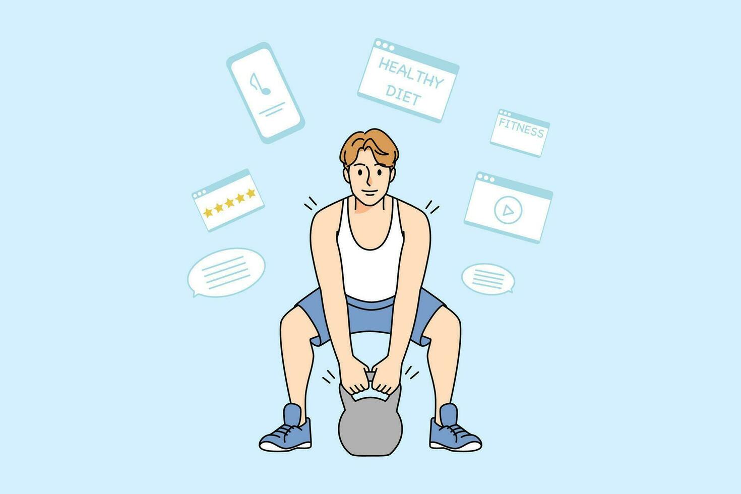 Strong young man training lifting barbell in gym. Toned fit male sportsman exercise with dumbbell. Sport and workout concept. Vector illustration.