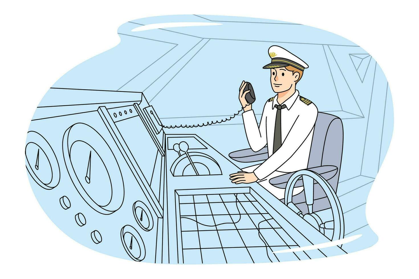 Boat captain in uniform talk on radio set. Man in ship or ferry cabin command with marine center. Vector illustration.