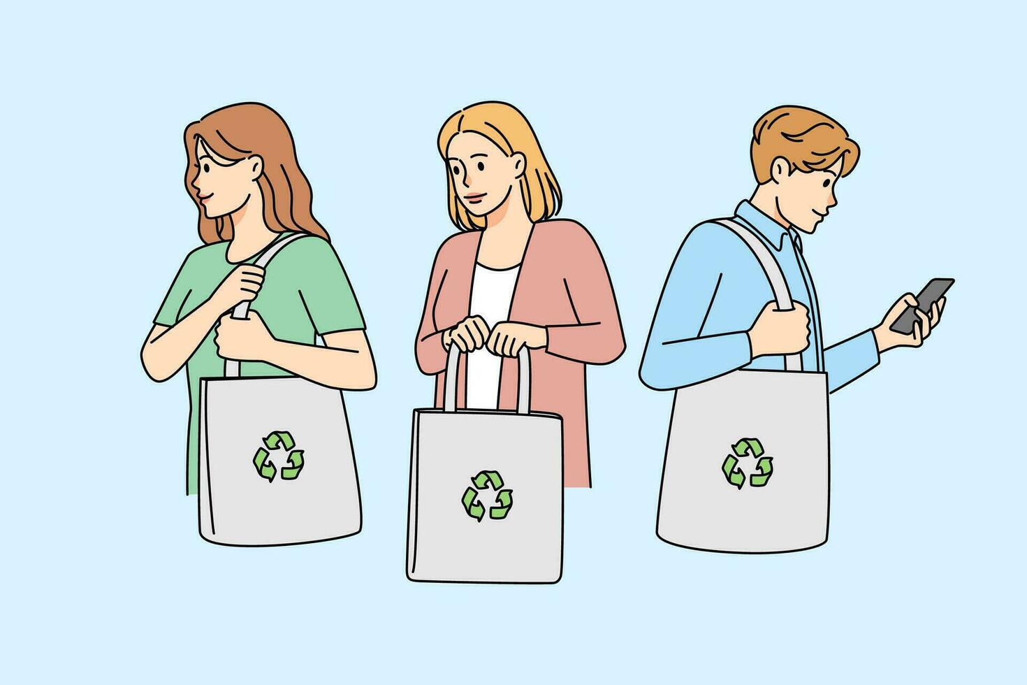 personas con eco pantalones cuidado acerca de naturaleza preservación y ambiente. hombres y mujer con textil comprador. cero residuos concepto. vector ilustración.