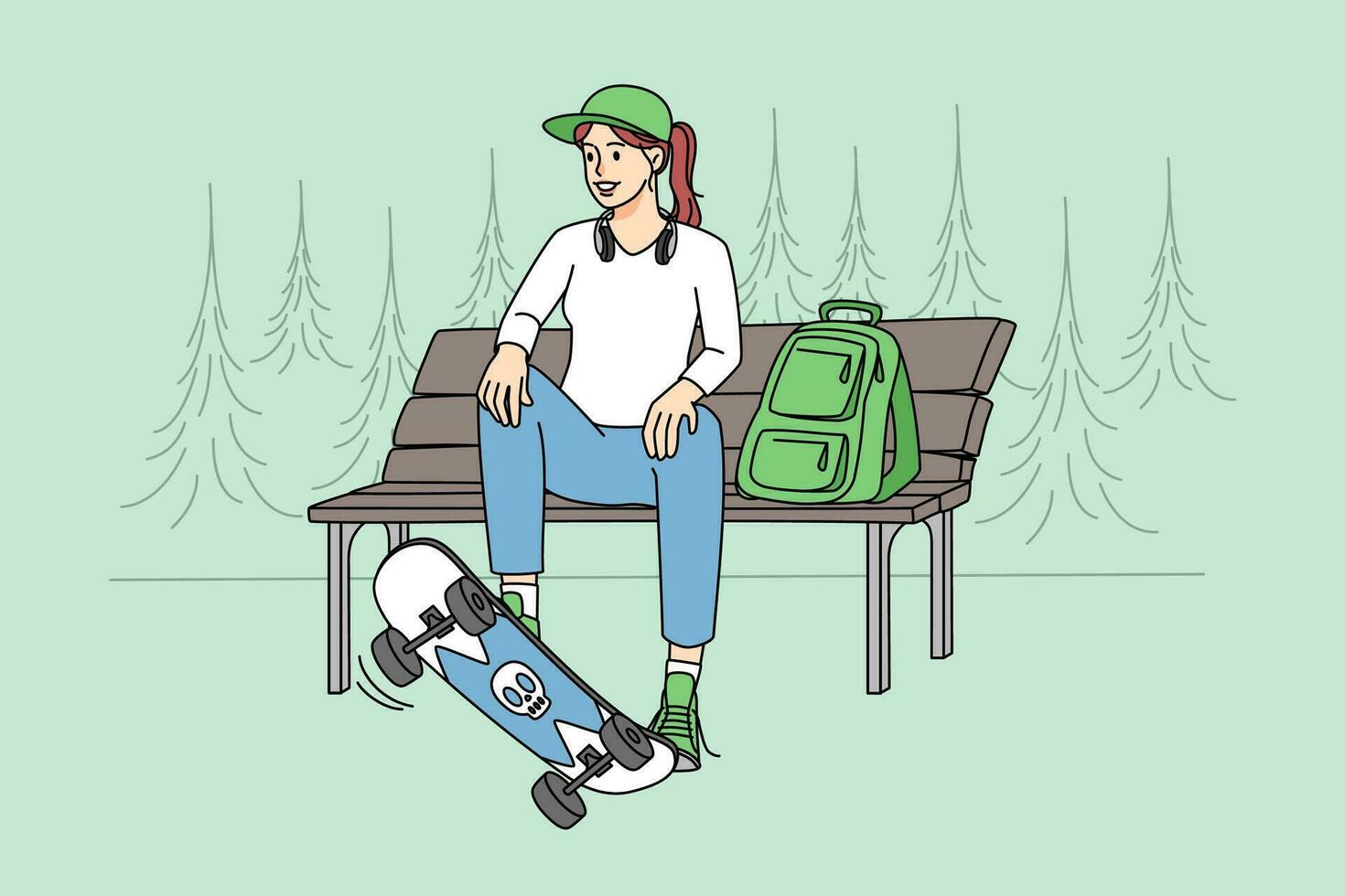 adolescente niña sentado en banco con patineta. joven mujer patinador con tablero relajante al aire libre. pasatiempo y deporte concepto. vector ilustración.