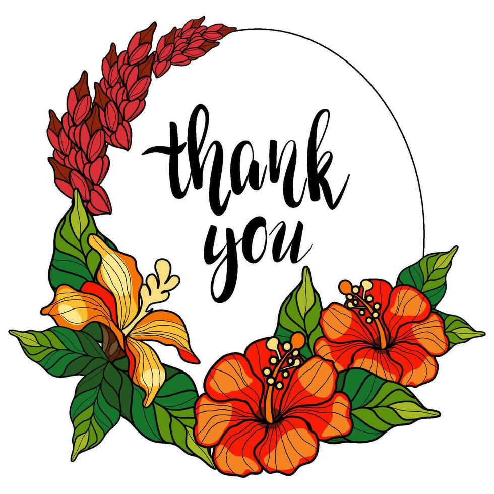 Thank you frame with hibiscus flowers and leaves vector