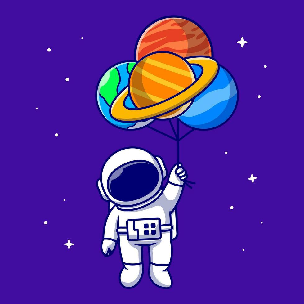 Cute Astronaut Floating With Planet balloons In Space  Cartoon Vector Icon Illustration. Technology Science Icon  Concept Isolated Premium Vector. Flat Cartoon Style