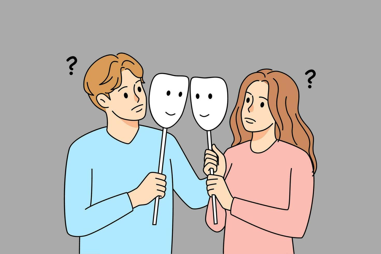 Couple with face masks involved in fake relationships. Man and woman hide feelings of real relations. Artificial emotions concept. Vector illustration.