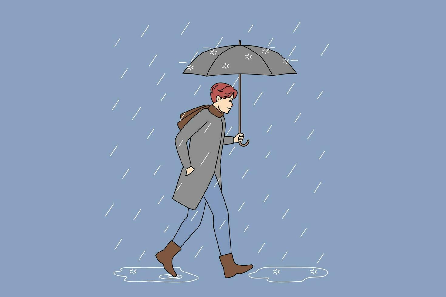Man in boots and outerwear walking in rain under umbrella. Guy out on rainy day. Weather and climate change. Vector illustration.