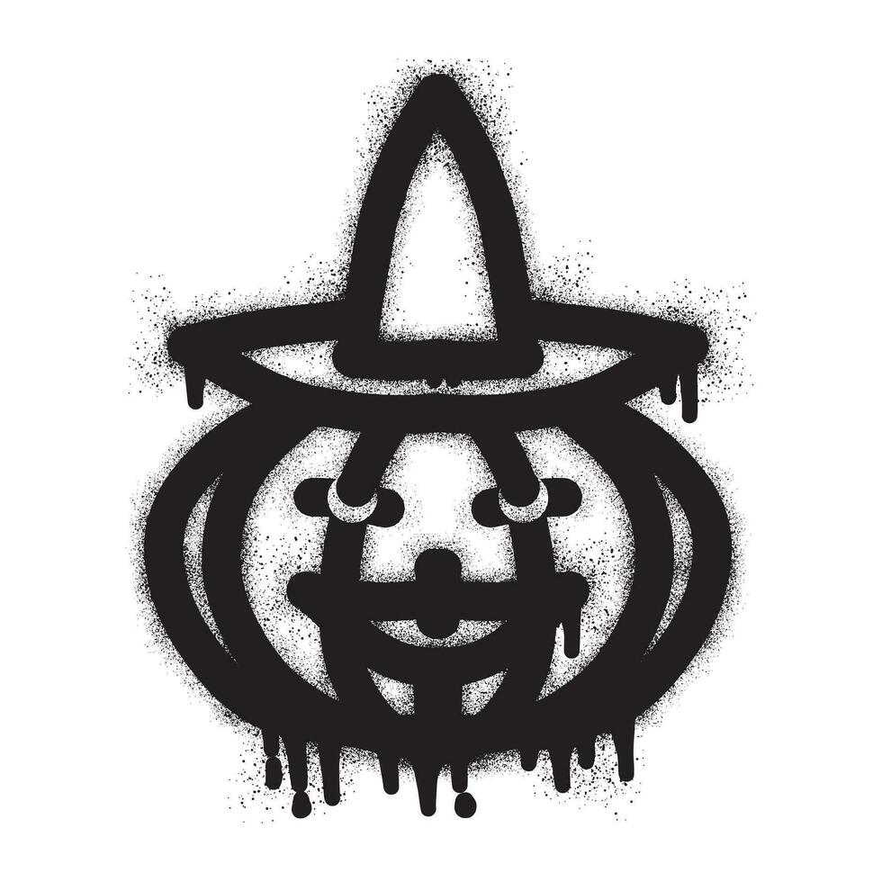 Halloween pumpkin and witch hat graffiti with black spray paint vector