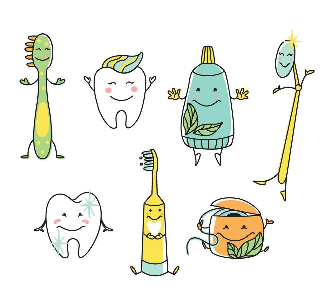 Cute dental icons for kids dental clinic, flyer vector